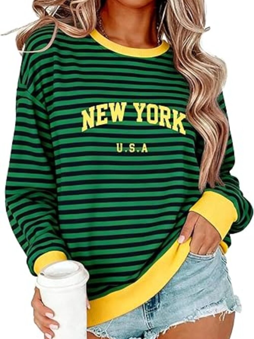 Star Striped Sweatshirt Color Block Y2k Top New York Print Pullover Top - 2XL